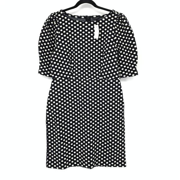 Ann Taylor Polka Dot Pleated Puff Sleeve Sheath Dress Womens Size 8 Black Cream - Picture 1 of 7